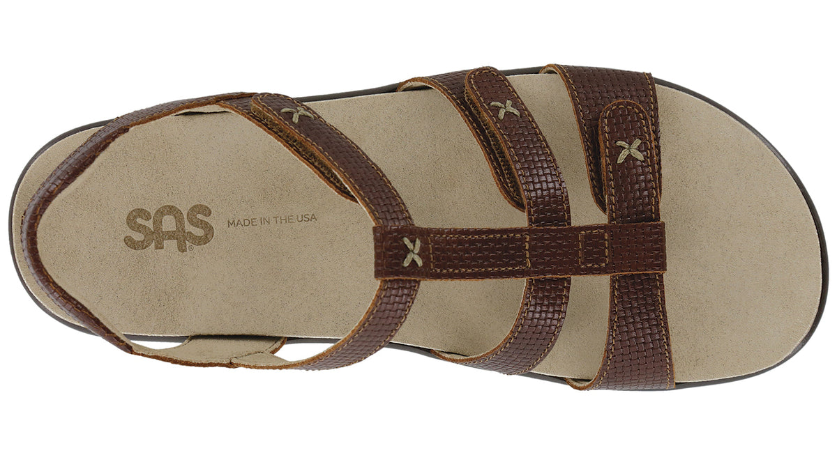 Allen's Bootery Sorrento brandy woven leather sandals with three adjustable straps and a cushioned microfiber insole.