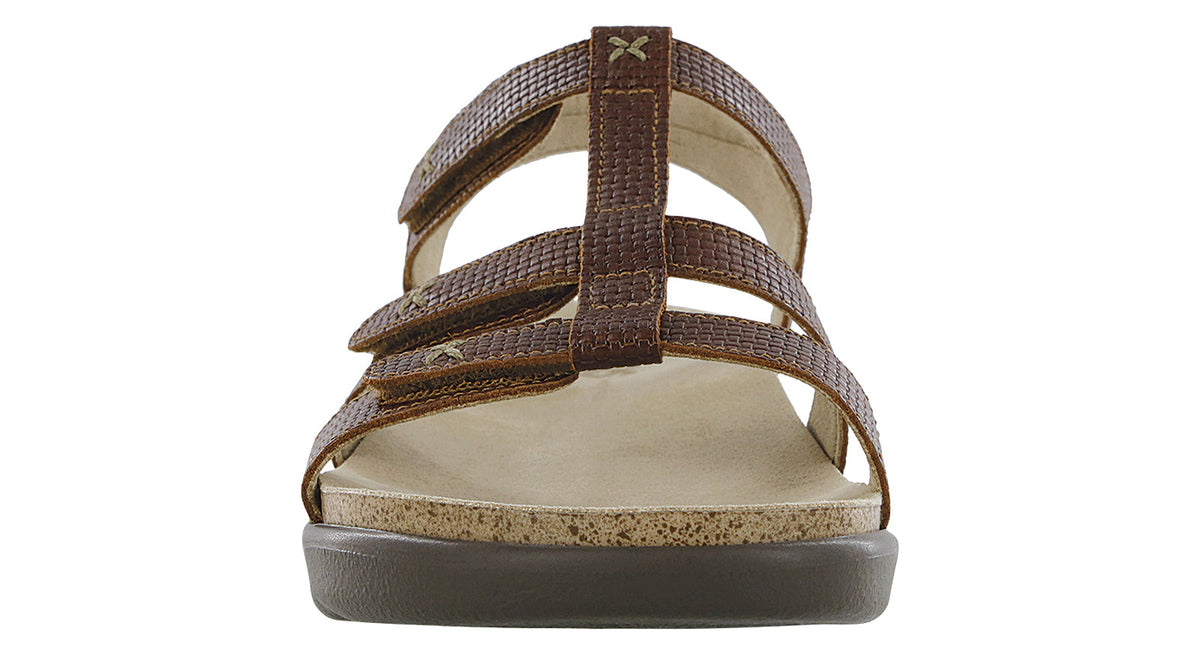 Allen's Bootery Sorrento brandy woven leather sandals with adjustable straps and a cushioned contoured insole.