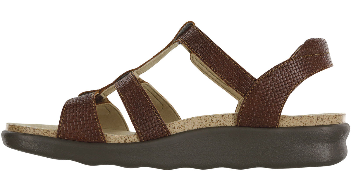 Allen's Bootery Sorrento brandy woven leather sandals with three adjustable straps and a cushioned contoured footbed.