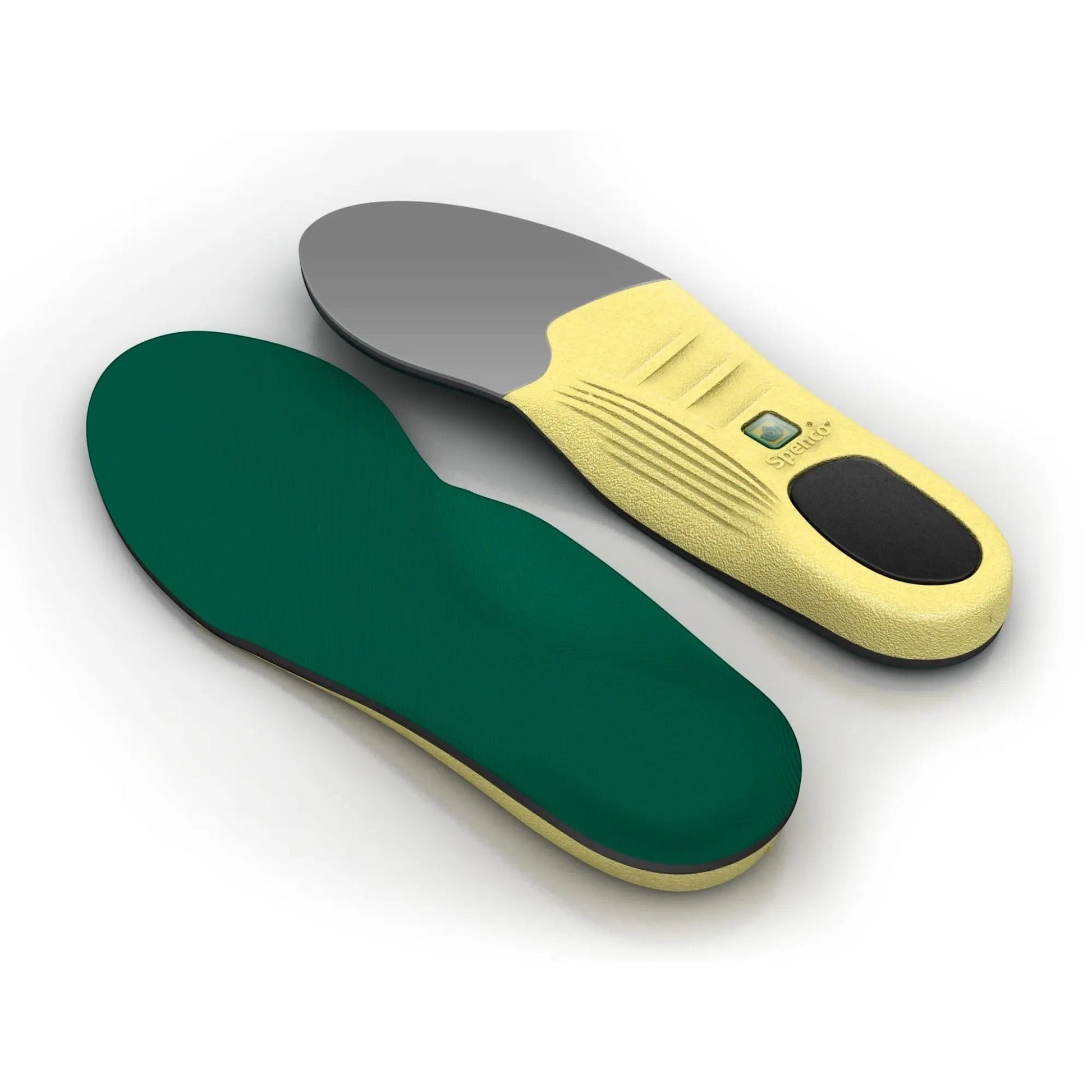 Allen's Bootery Spenco Crosstraining insoles with green fabric top, yellow polyurethane foam, and black heel shock plug.