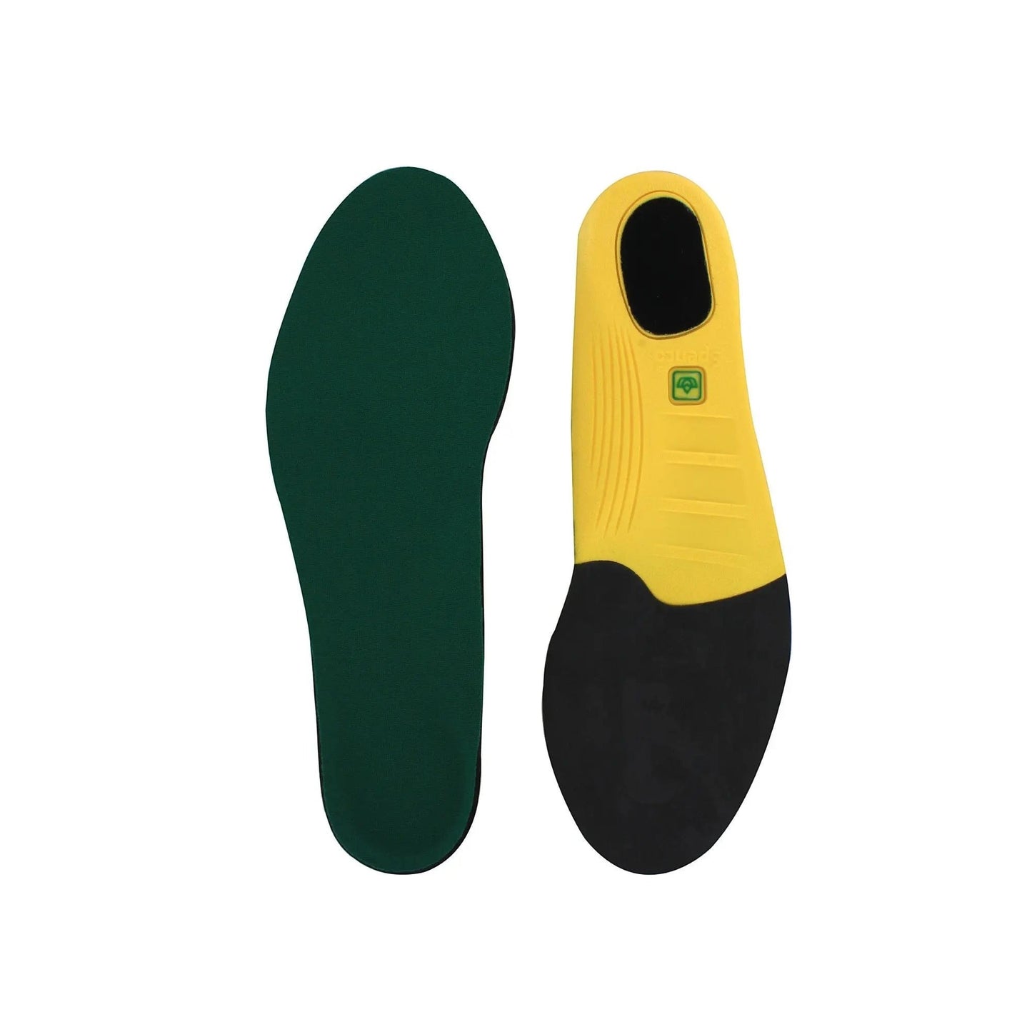 Allen's Bootery Spenco Polysorb Cross Trainer insoles featuring green fabric tops and yellow polyurethane foam bases.