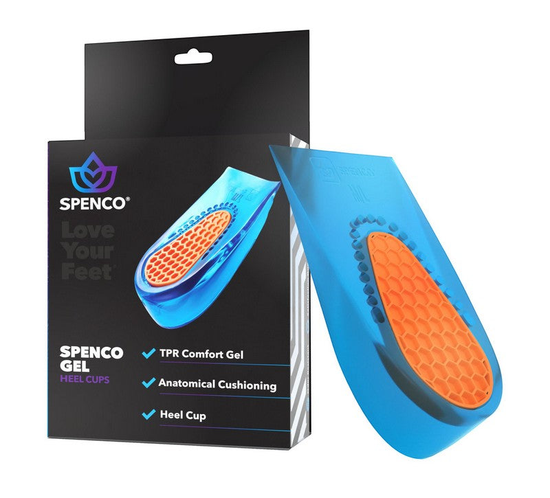 Allen's Bootery Spenco gel heel cups with blue thermoplastic rubber and orange honeycomb cushioning for heel pain.