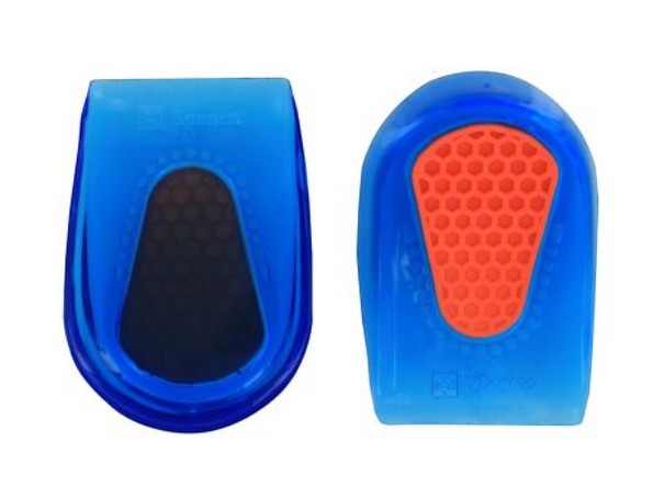Allen's Bootery Spenco blue gel heel cups with orange honeycomb impact protection for shock absorption and comfort.