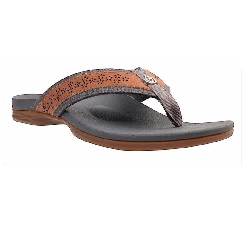 Allen's Bootery Spenco Miramar grey and tan leather thong sandal with laser-cut floral detail and contoured footbed
