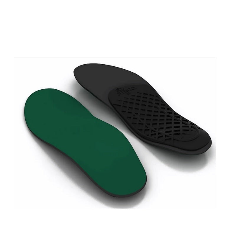 Allen's Bootery Spenco Ortho Arch full length insoles with green top fabric and black molded arch support base.