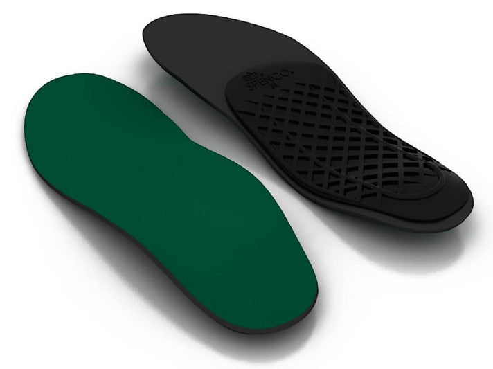 Allen's Bootery Spenco Ortho Arch full length insoles with green fabric top and black molded plastic arch support.