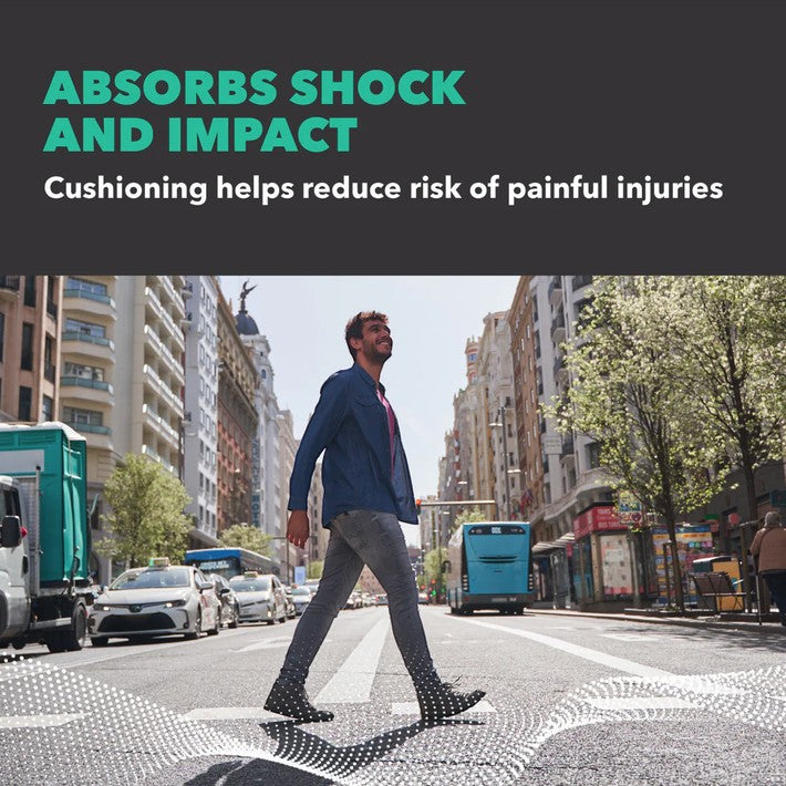 Allen's Bootery Spenco 3/4 orthotic arch support insoles shown in a man's boots while walking on a city street.