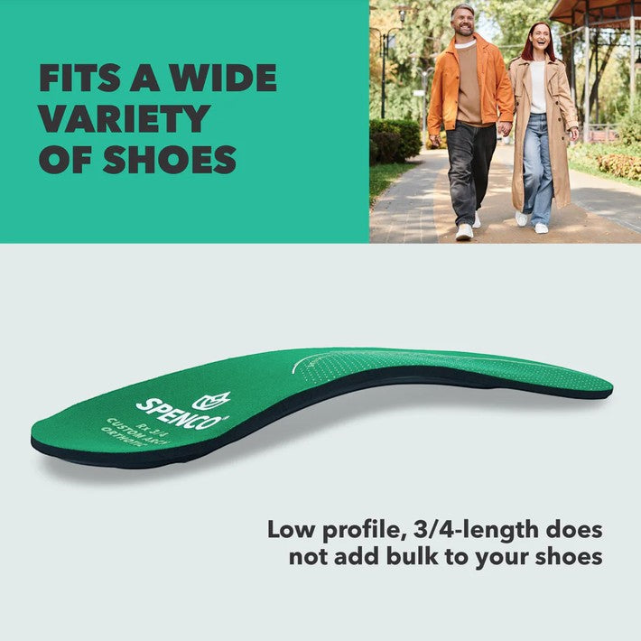 Allen's Bootery Spenco 3/4 custom arch orthotic insole with green fabric top and low-profile moldable support design.