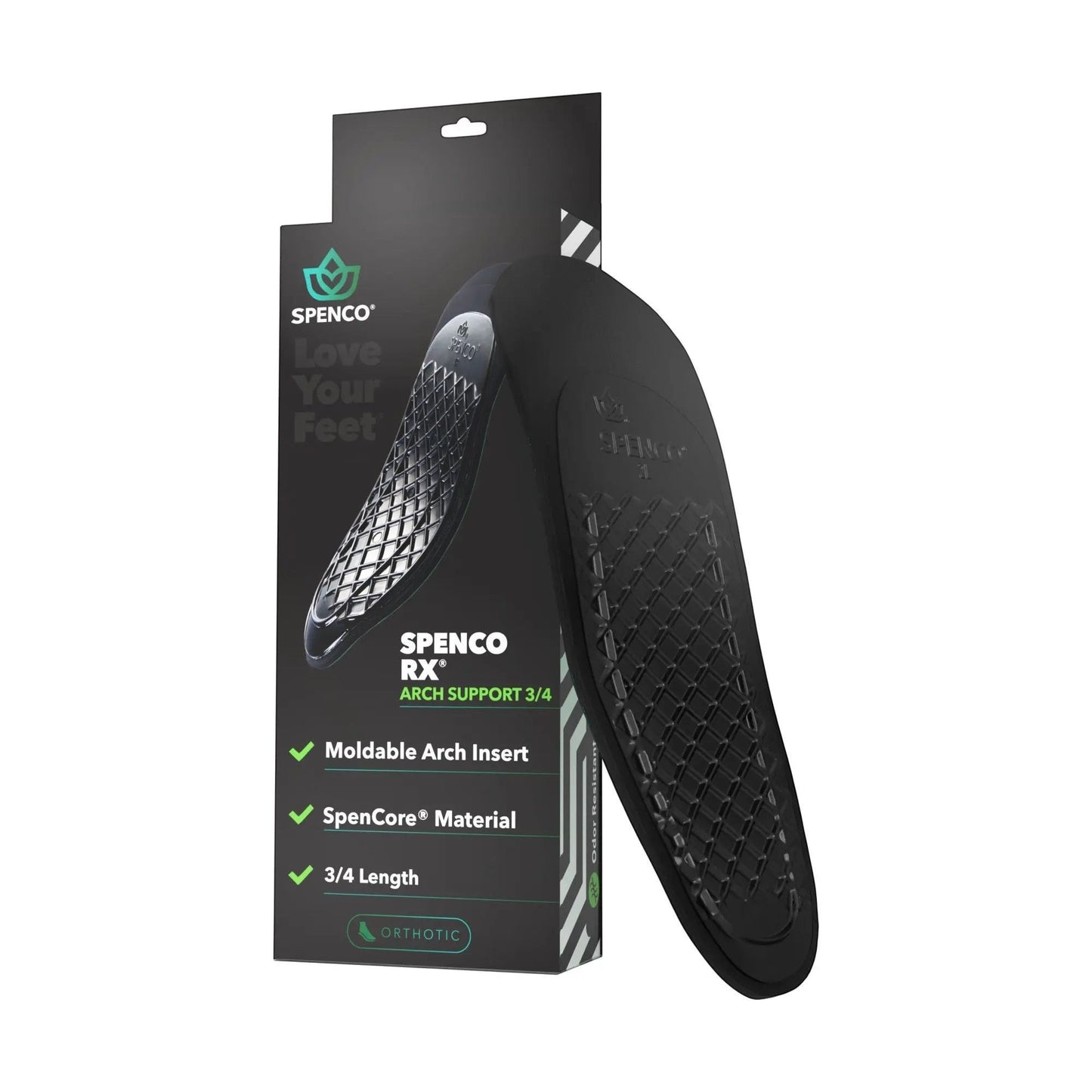 Allen's Bootery Spenco 3/4 length black orthotic arch support insole with moldable plastic base and cushioning top layer.