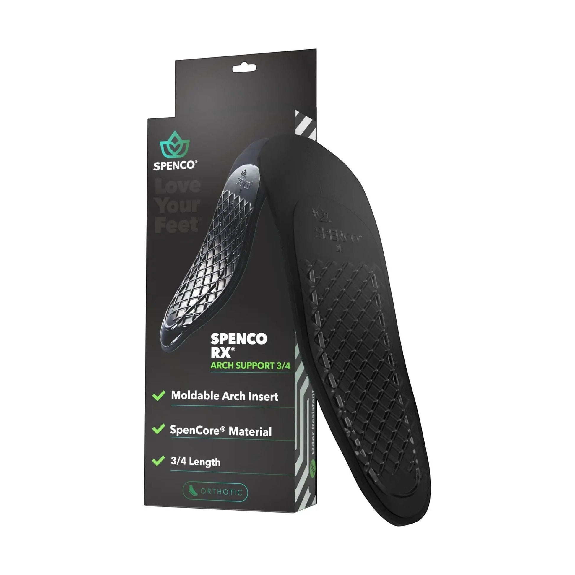 Allen's Bootery Spenco 3/4 length black orthotic arch support insole with moldable plastic base and cushioning top layer.