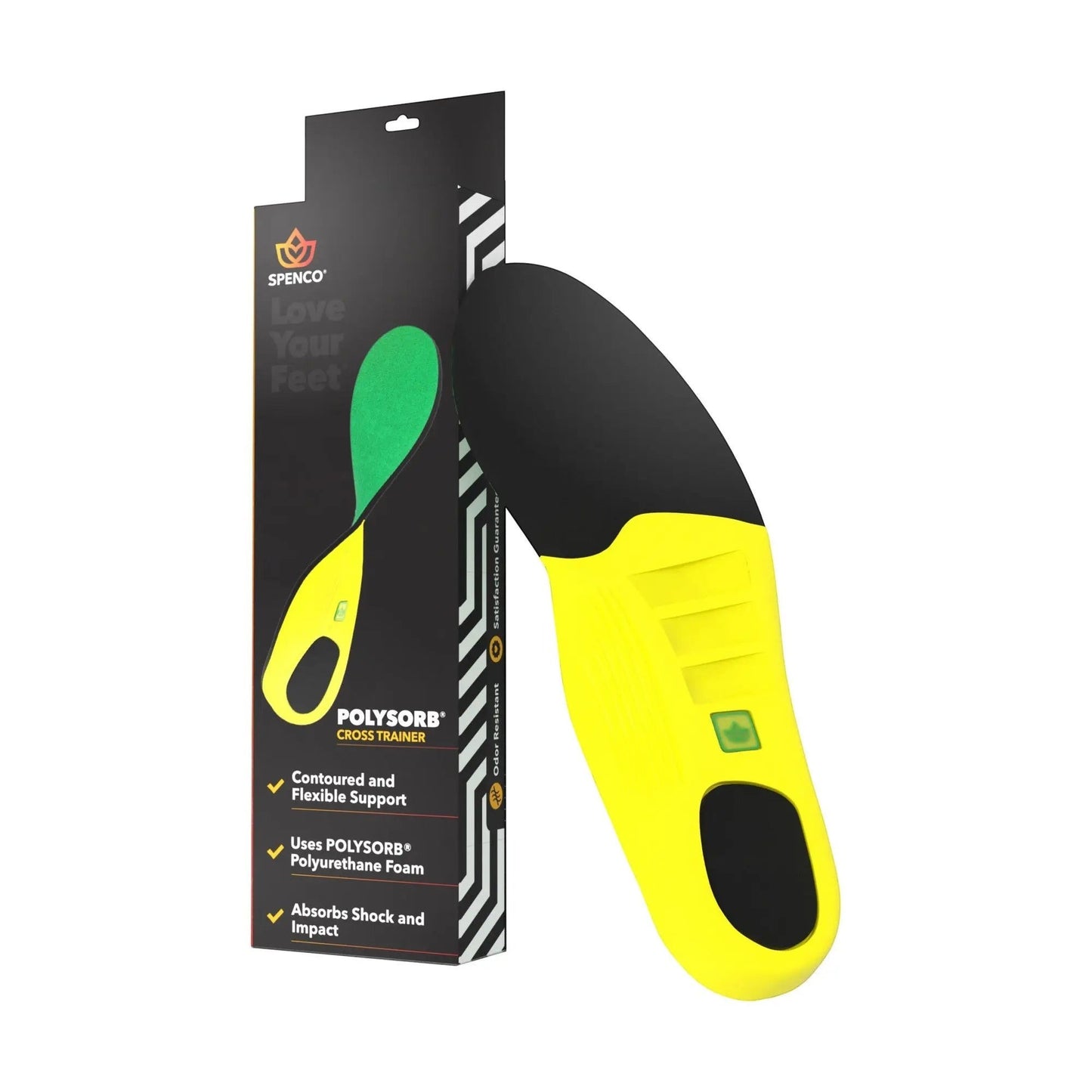 Allen's Bootery Spenco Polysorb Cross Trainer athletic insoles with yellow foam and black top layer in packaging.