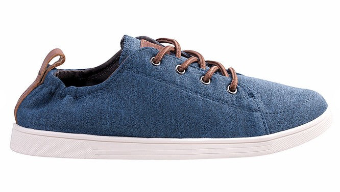 Allen's Bootery Spenco Santa Clara bluestone heathered jersey lace-up sneakers with white soles and brown accents
