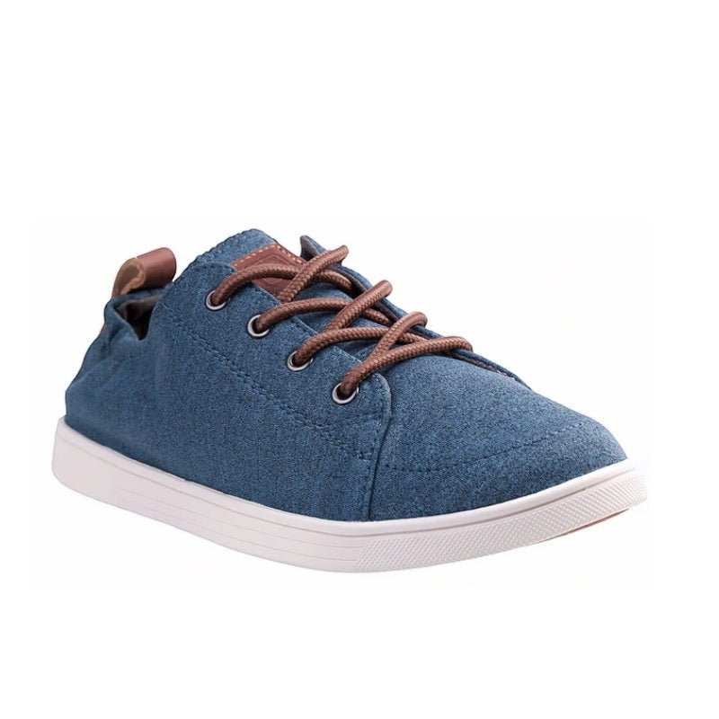 Allen's Bootery Spenco Santa Clara bluestone heathered jersey lace-up sneakers with white soles and brown accents.