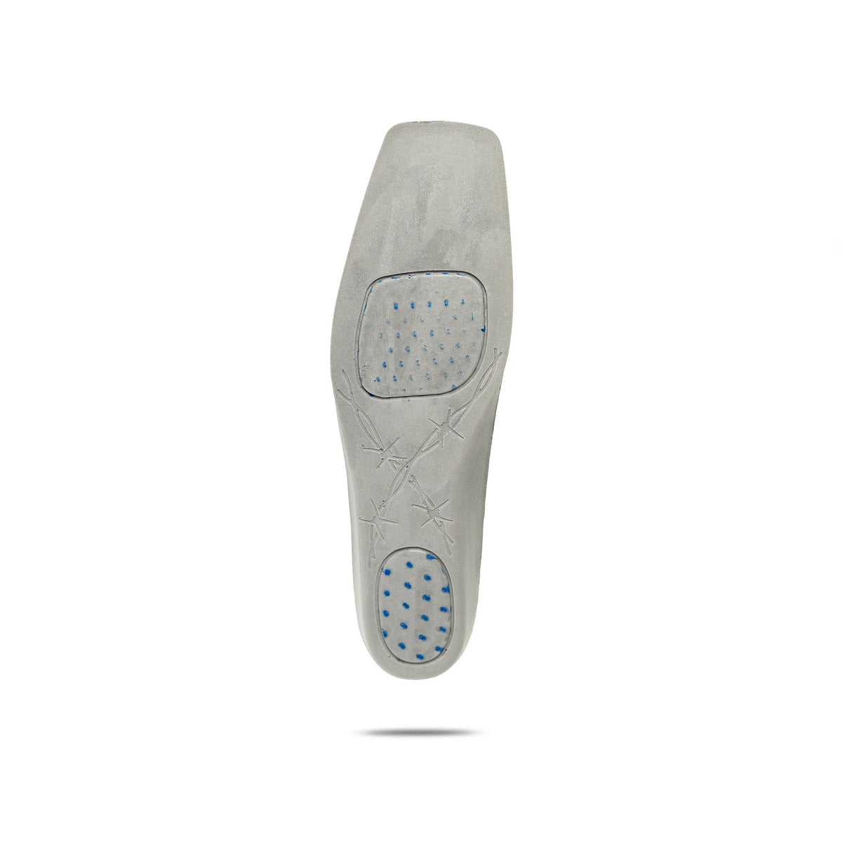 Allen's Bootery grey square toe CellSole footbed with blue pressure point comfort technology for customized support.