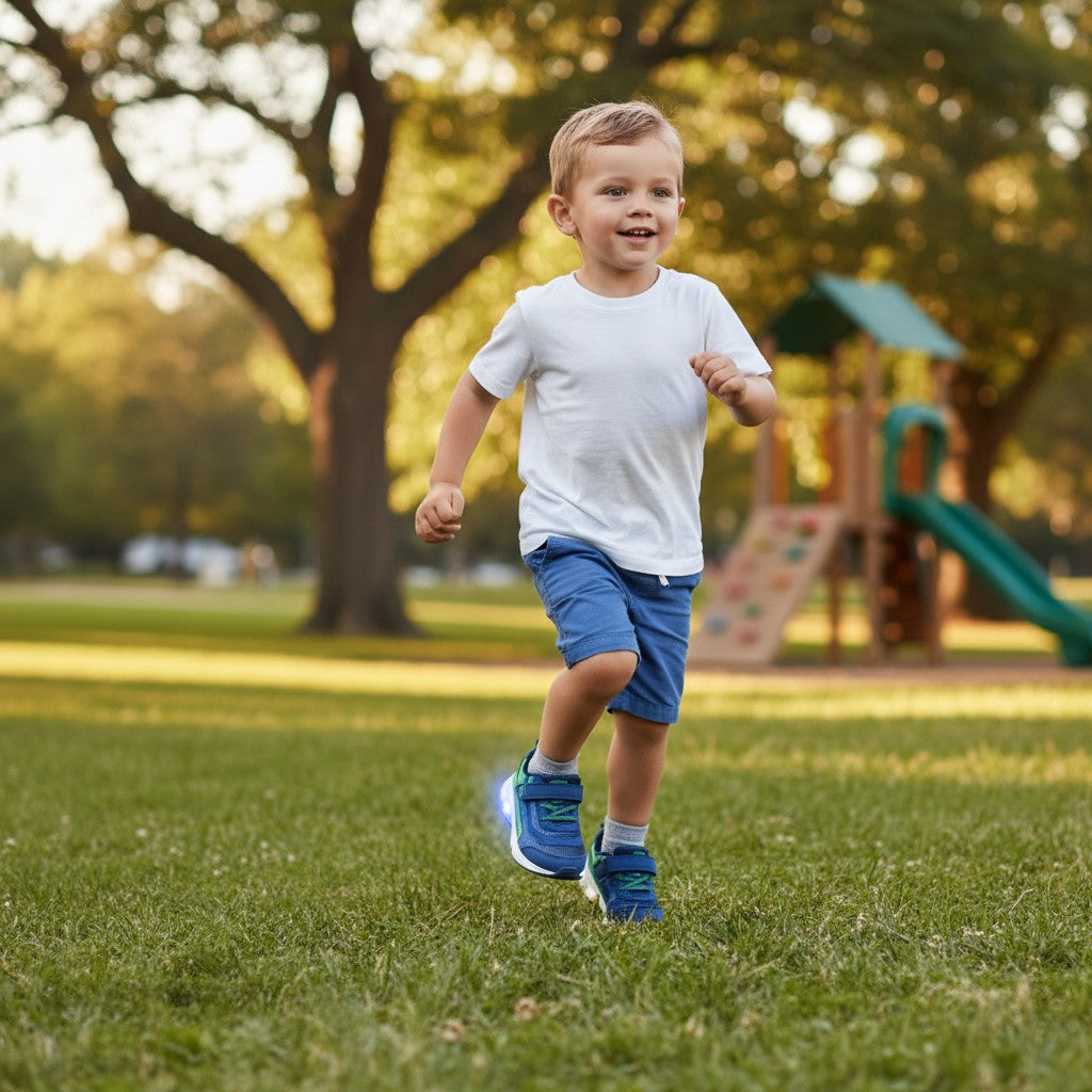Toddler running in Allen's Bootery Stride Rite navy and green light-up sneakers on a grassy playground