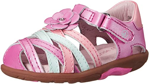 Allen's Bootery Stride Rite toddler sandals in pink and white with a floral accent and hook-and-loop strap closure.