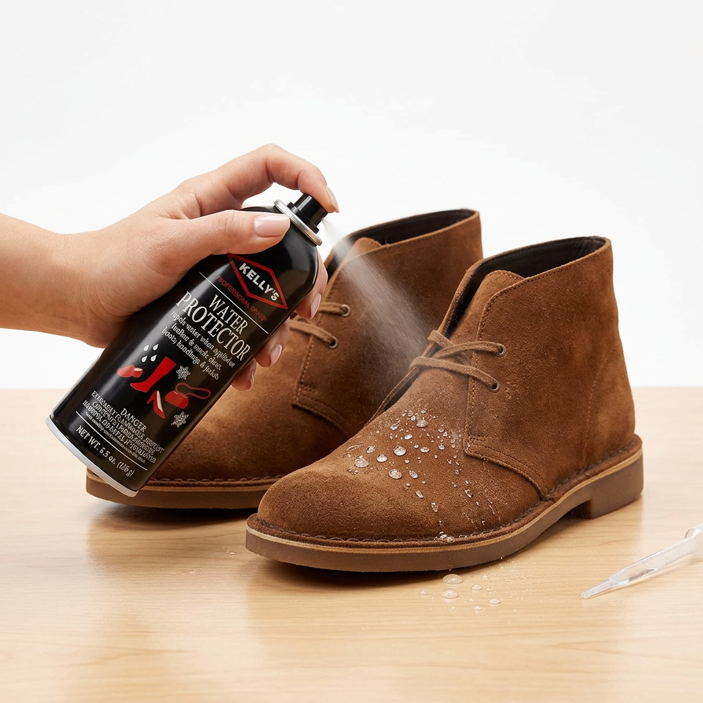 Allen's Bootery Kelly Water & Stain Protector spray being applied to brown suede boots to repel water droplets.
