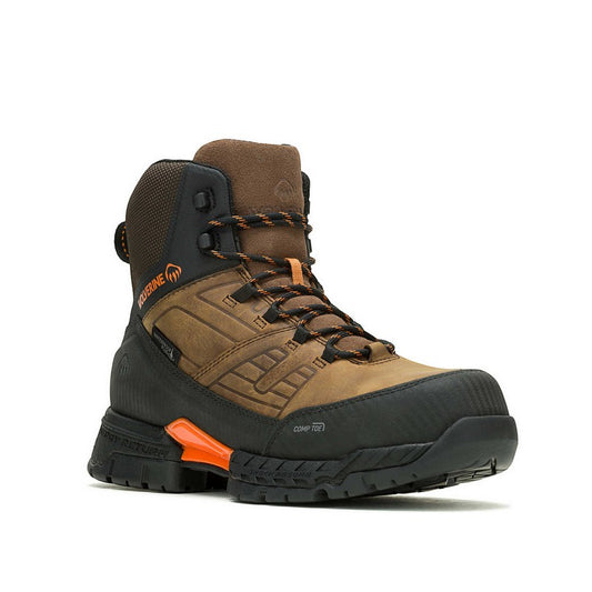 Allen's Bootery Surge LX composite-toe work boot in Sudan Brown waterproof leather with black and orange accents.
