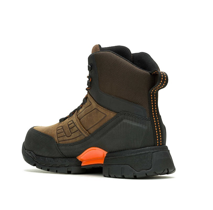Allen's Bootery Surge LX work boot in Sudan Brown leather with black TecTuff reinforcement and orange midsole detail.