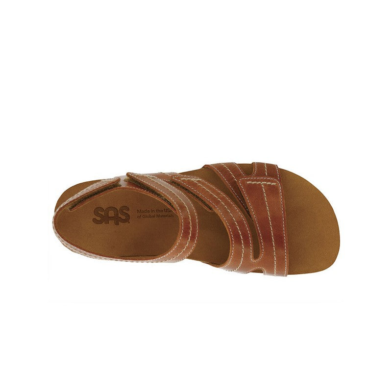 Allen's Bootery Swerve chestnut leather sandal with adjustable hook and loop straps and decorative stitching.