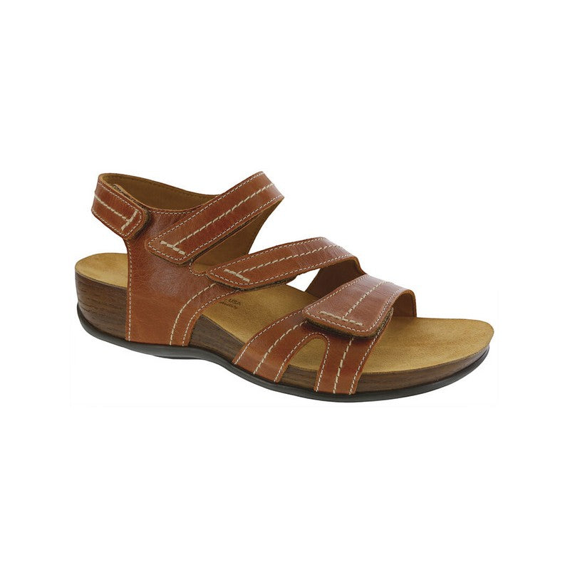 Allen's Bootery Swerve chestnut brown leather sandal with adjustable hook and loop straps and decorative stitching.