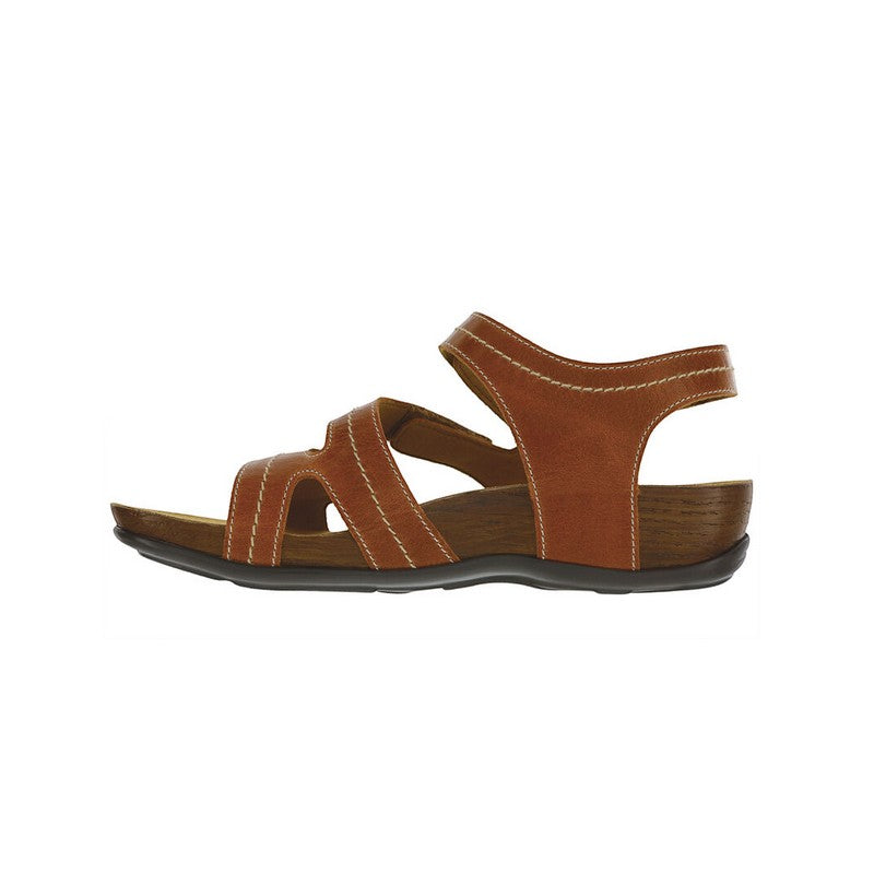 Allen's Bootery Swerve chestnut brown leather sandal with decorative stitching and adjustable hook and loop closure.