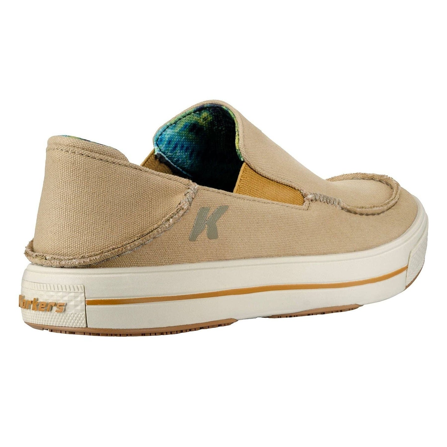 Allen's Bootery tan canvas slip-on boat shoes with fish print lining and non-marking rubber sole.