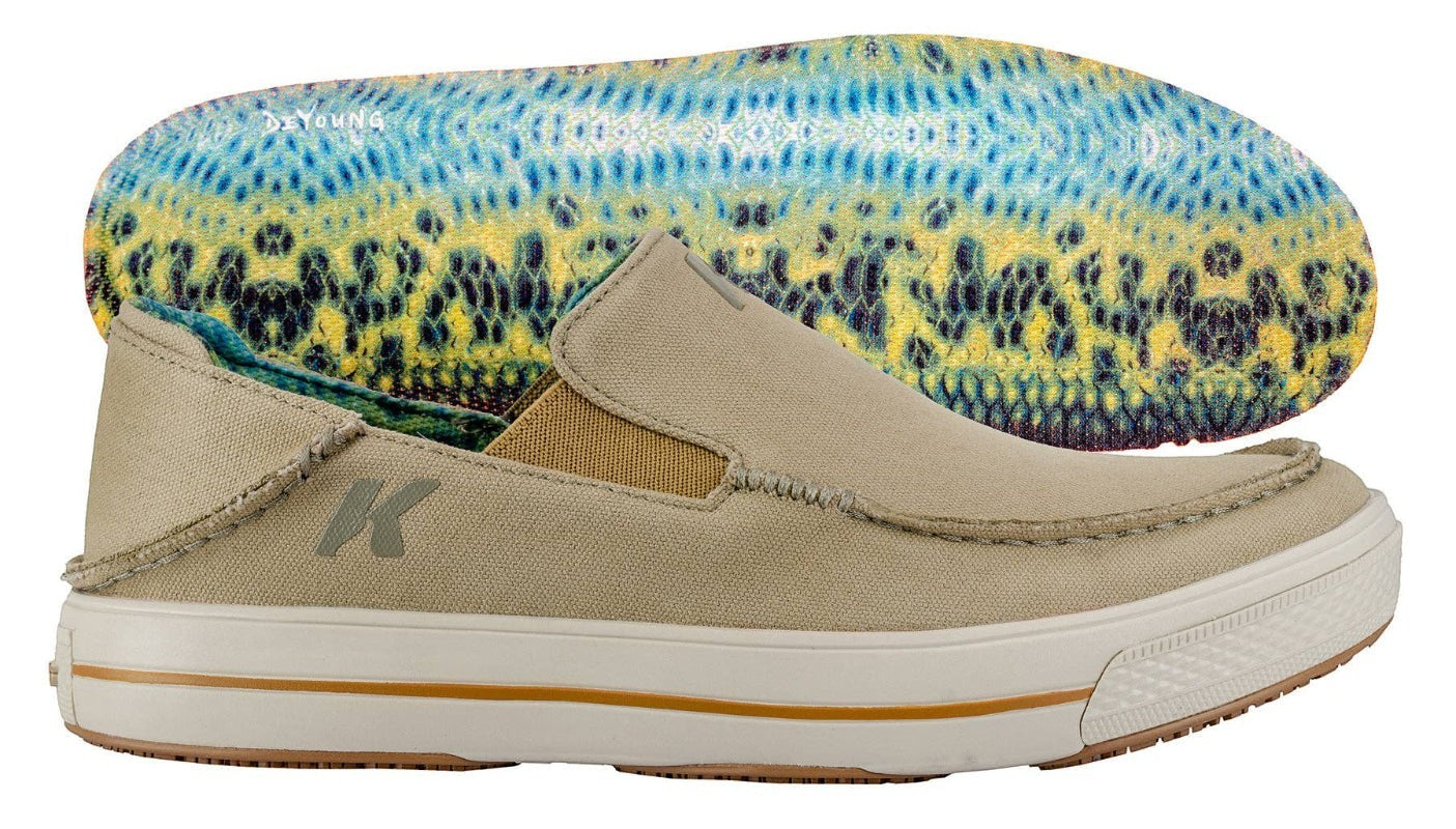Allen's Bootery men's tan canvas slip-on boat shoes with a vibrant yellow, blue, and black fish print insole.