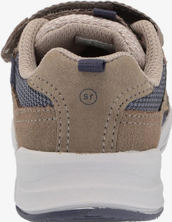 Allen's Bootery taupe and grey adaptable sneaker with padded heel collar and hook and loop closure for kids