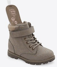 Allen's Bootery Jill toddler boots in taupe with hook-and-loop closure and removable memory foam insole