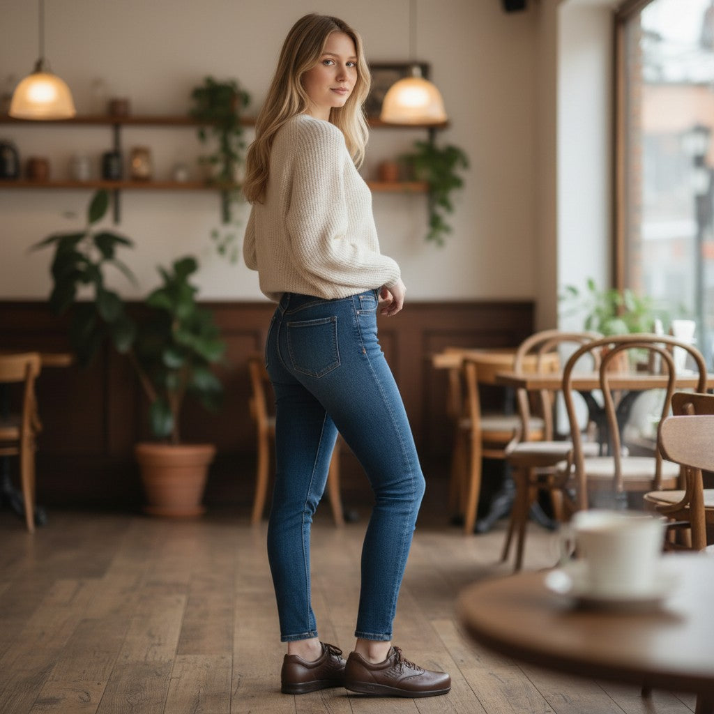 Allen's Bootery SAS Freetime teak brown leather walking shoes worn by a woman in a casual cafe setting