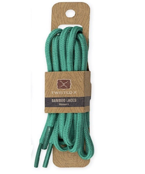 Allen's Bootery 32-inch teal bamboo shoelaces for Twisted X shoes on a branded cardboard display card.