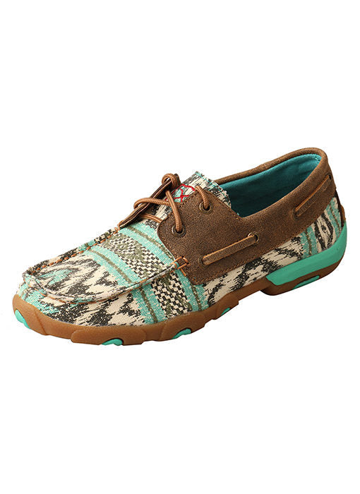 Allen's Bootery Twisted X women's teal and grey patterned ecoTWX tweed boat shoe driving moc with brown leather trim