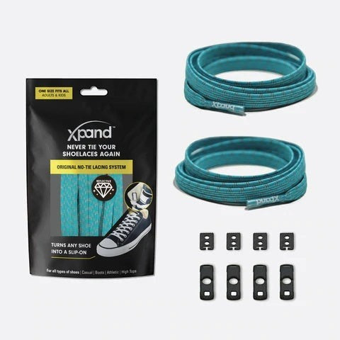 Allen's Bootery Xpand teal reflective no-tie elastic shoelaces with lace anchors and end clips in packaging.