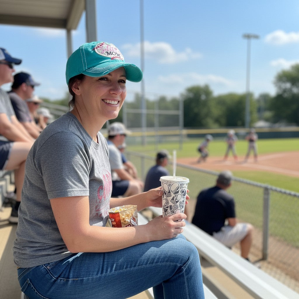 Allen's Bootery teal distressed softball mom baseball cap worn by a smiling woman at a sunny softball game.