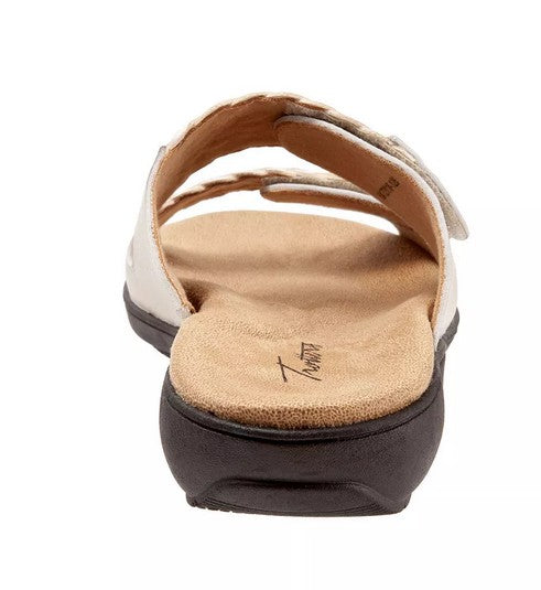 Allen's Bootery Terri bone sandal showing the contoured memory foam footbed and adjustable woven strap from the rear