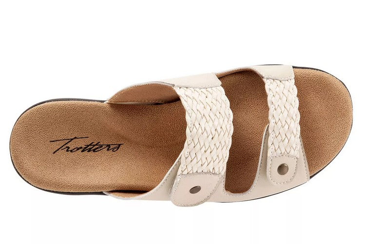 Allen's Bootery Terri bone slide sandal with woven straps, adjustable hook and loop closure, and cushioned footbed.