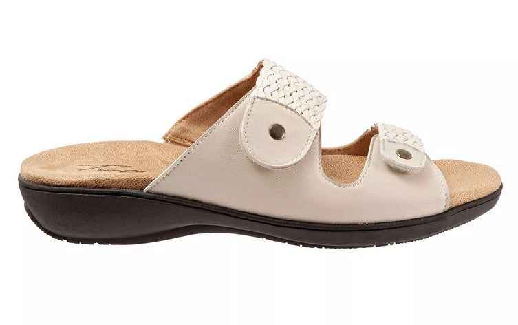 Allen's Bootery Terri bone slide sandal with woven leather straps, adjustable hook-and-loop closures, and foam footbed.