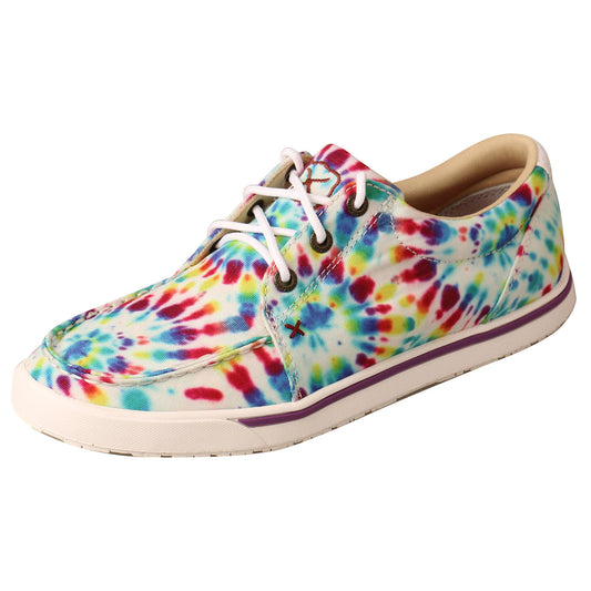 Allen's Bootery Twisted X women's Kicks featuring a vibrant multi-color tie-dye canvas upper and white rubber sole.