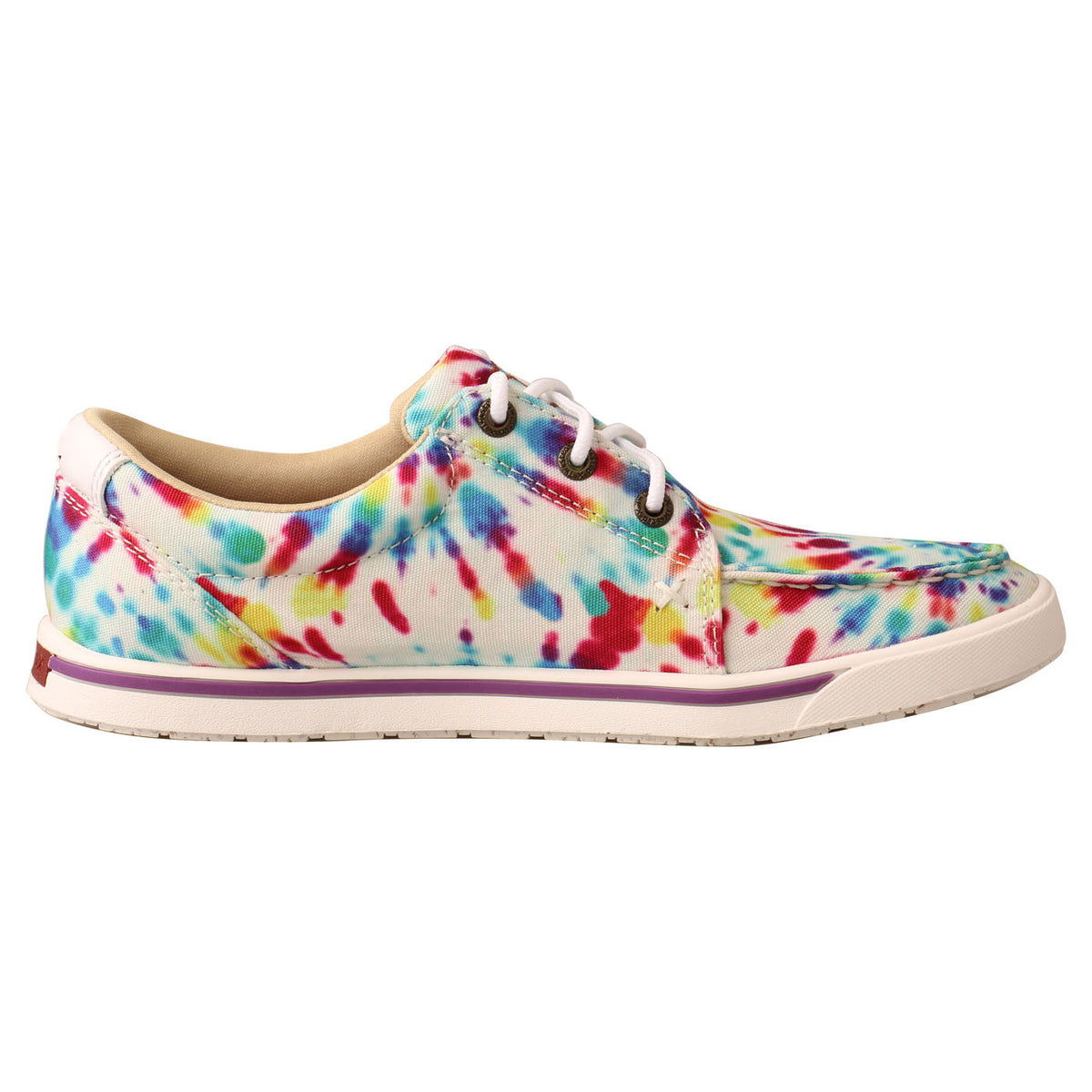 Allen's Bootery Twisted X women's tie-dye canvas Kicks sneakers with a white rubber outsole and lace-up design.