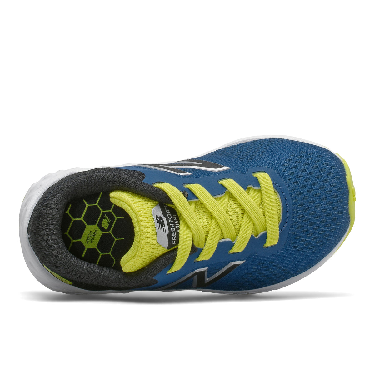 Allen's Bootery toddler Arishi v2 sneaker in blue and lime green mesh with bungee closure and EVA midsole