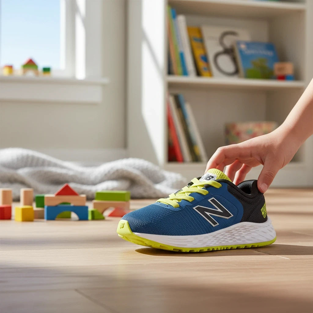 Allen's Bootery toddler Arishi v2 blue mesh sneaker with lime green accents and bungee closure held by a child's hand