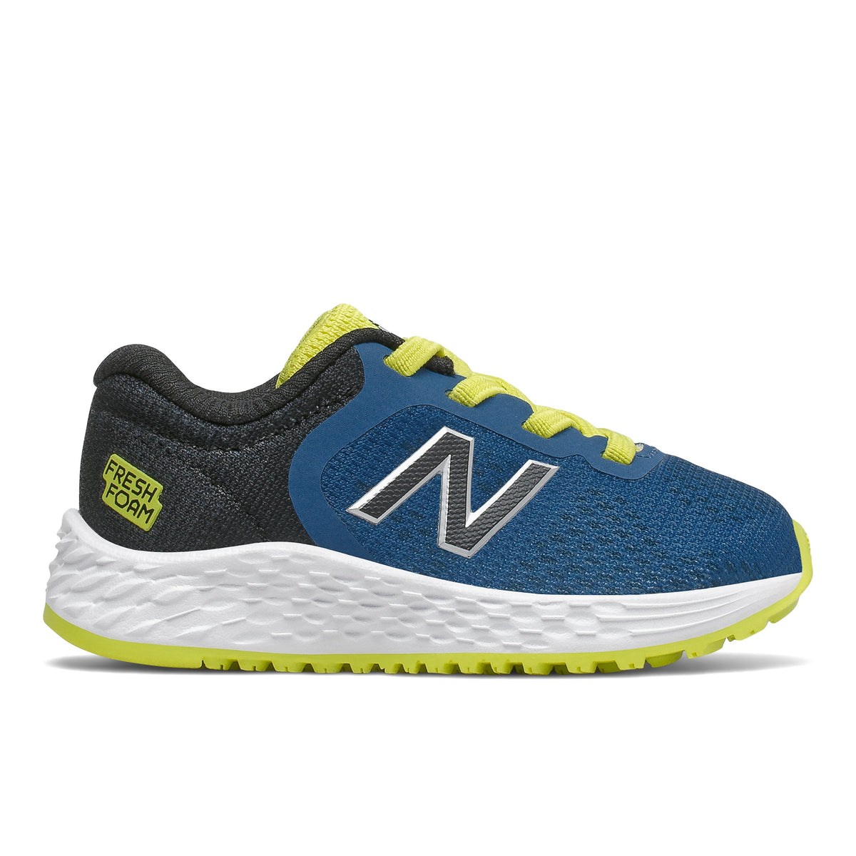 Allen's Bootery toddler Arishi v2 sneaker in blue and lime green mesh with white EVA midsole and bungee closure