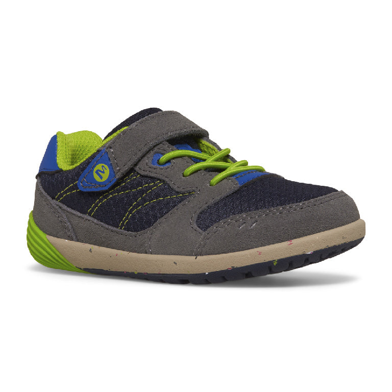 Allen's Bootery Baresteps A83 toddler sneaker in navy and grey with green accents, featuring a hook and loop closure.