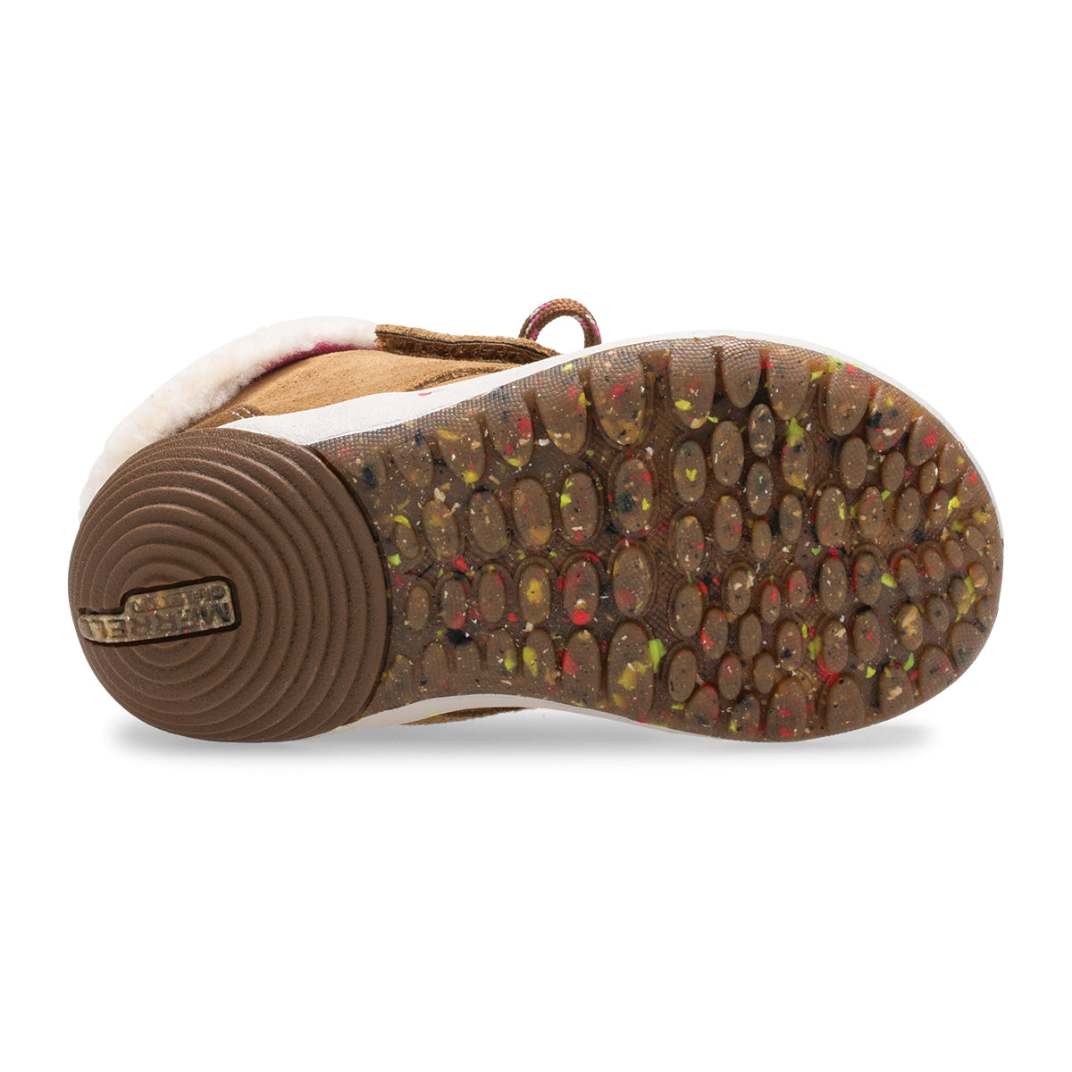 Allen's Bootery infant Bare Steps boot showing the flexible, speckled rubber outsole with multi-directional grip.