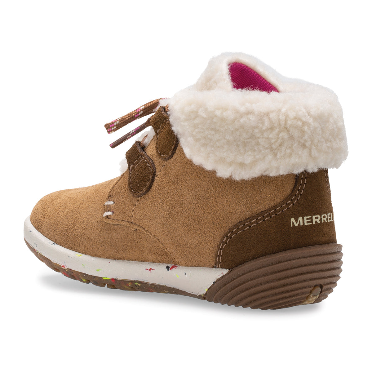 Allen's Bootery toddler Bare Steps boot in chestnut suede with a white faux-fur cuff and speckled rubber outsole.