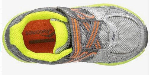 Allen's Bootery infant boy sneaker in green, gray, and orange with mesh upper, hook-and-loop closure, and toe cap.
