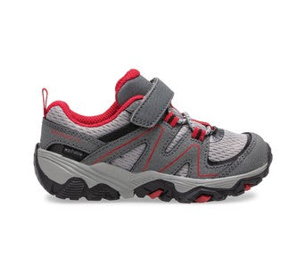 Allen's Bootery Trail Quest Jr toddler hiking shoe in grey, black, and red with hook and loop closure