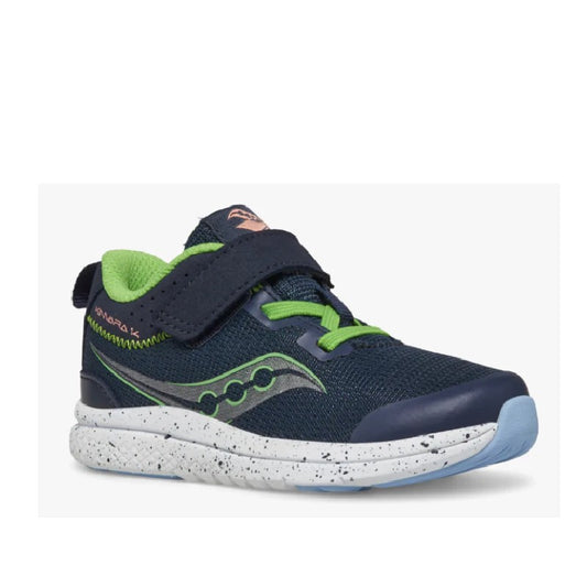 Allen's Bootery infant Kinvara 14 navy and green mesh sneaker with hook and loop closure and speckled EVA midsole