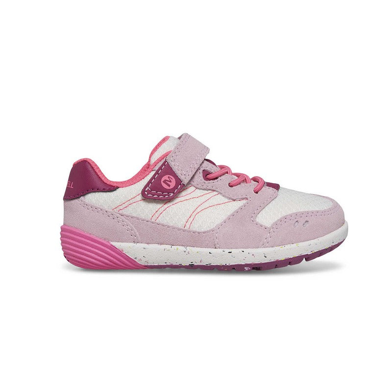 Allen's Bootery lilac and berry toddler sneaker with mesh and leather upper, hook and loop closure, and wide toe box.